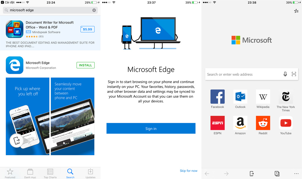 Trình duyệt
Microsoft Edge
hết giai đoạn beta, đã có bản chính thức cho iOS và Android