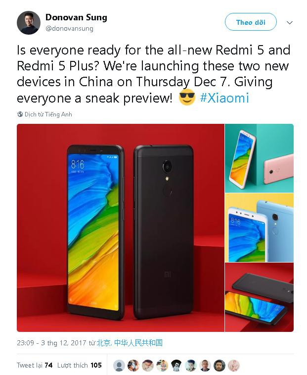 Bộ đôi smartphone
mới Redmi 5 và Redmi 5 Plus của Xiaomi lộ diện với màn full
view, tỷ lệ 18:9