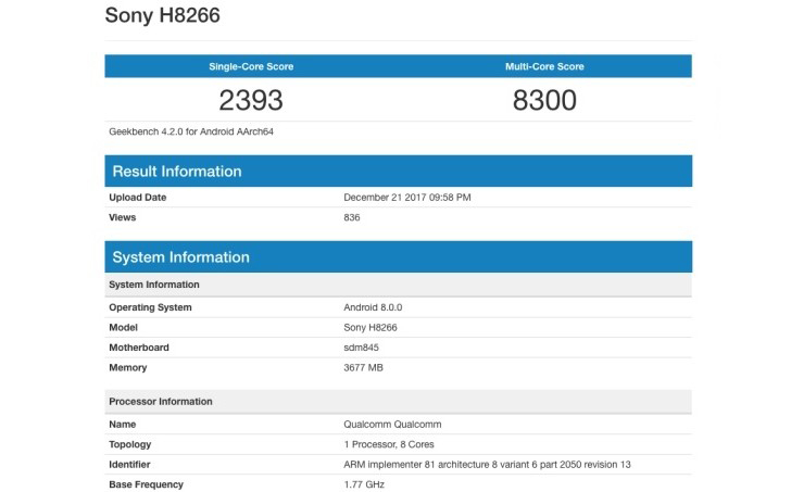 Rò rỉ thông số cấu
hình
Sony H8266 trên Geekbench với chip Snapdragon 845 cùng
Android 8.0 Oreo