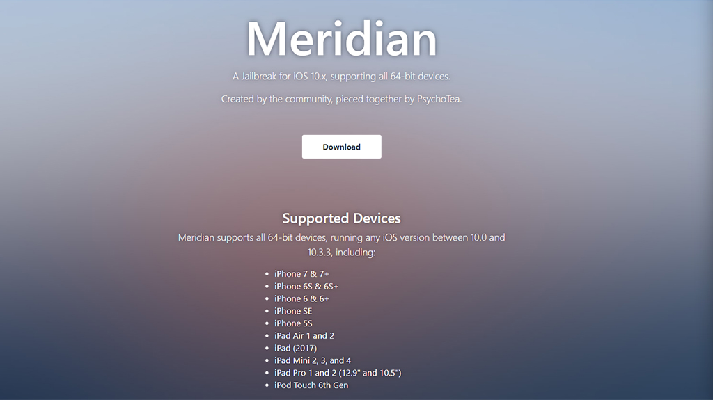 Meridian Jailbreak
iOS 10.0
- 10.3.3 dành cho thiết bị sử dụng chip 64-bit chính thức
phát hành