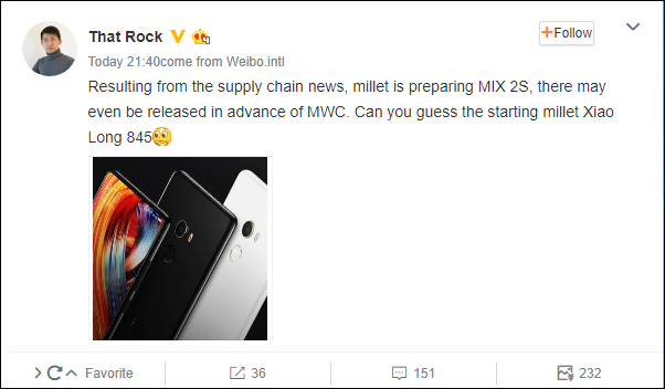 Xiaomi sẽ ra mắt Mi
Mix
2S trước thềm sự kiện MWC 2018?