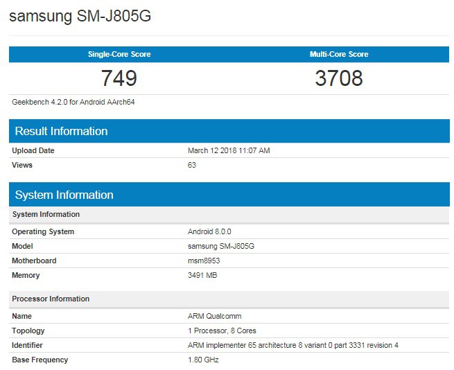 Samsung Galaxy J8+
lộ thông tin cấu hình trên Geekbench với chip Snapdragon
625