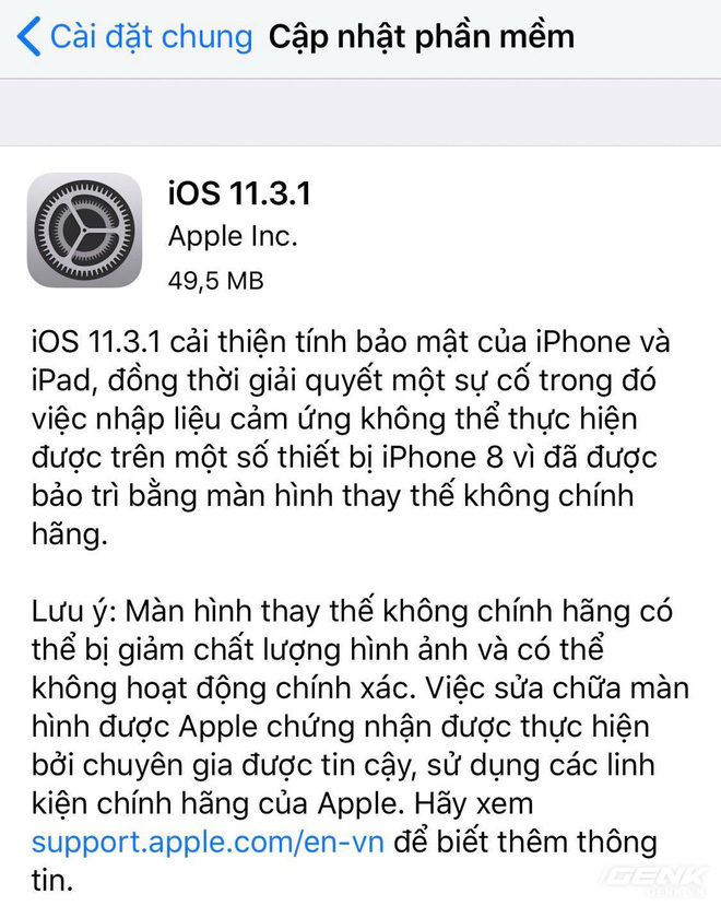 Apple chính thức
phát hành iOS 11.3.1, khắc phục vấn đề mất cảm ứng trên
iPhone thay màn hình bên thứ 3