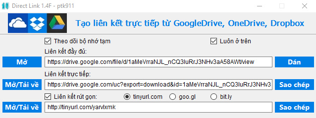 Chia sẻ tool
getlink Direct từ Google Drive, OneDrive và Dropbox