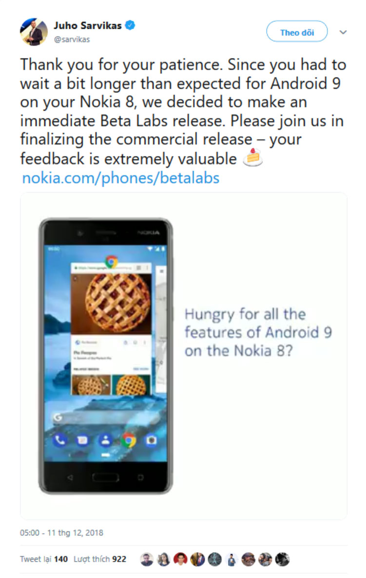 Người dùng Nokia 8 đã
có thể trải nghiệm Android Pie beta thông qua chương trình
Beta Labs
