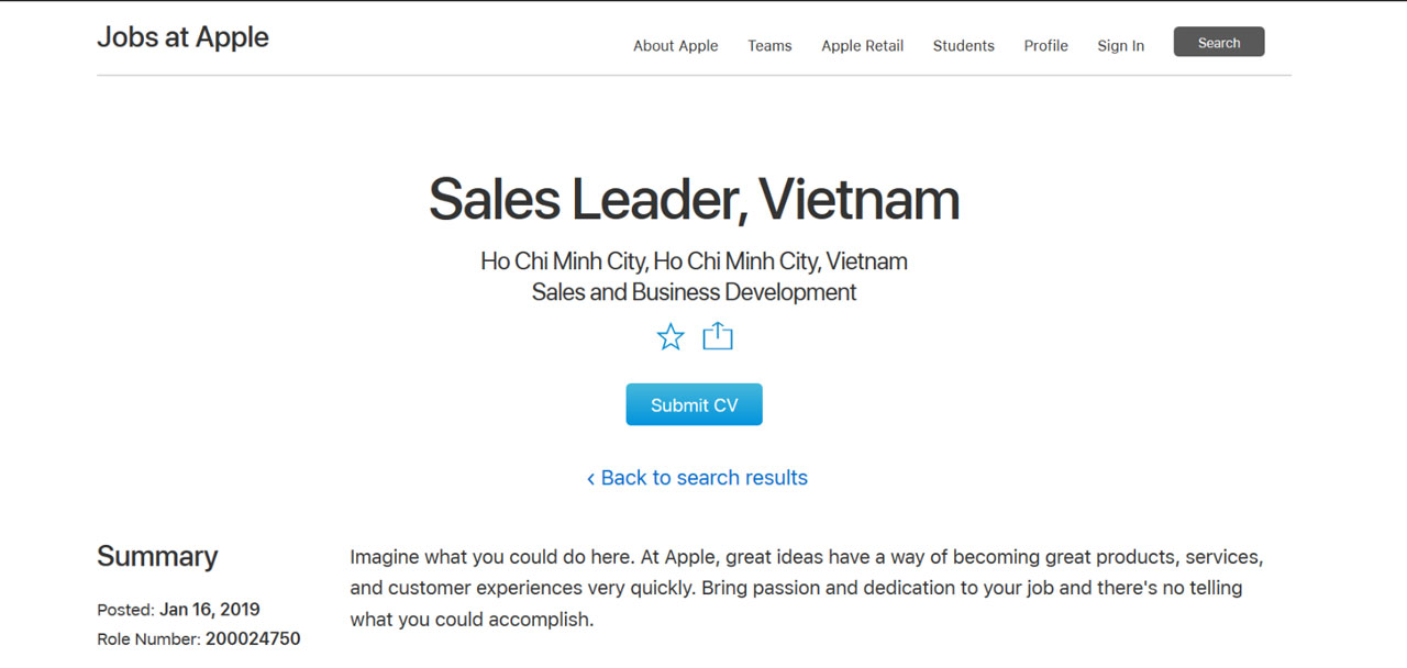 Apple đang tuyển vị
trí giám đốc bán hàng tại thị trường Việt Nam