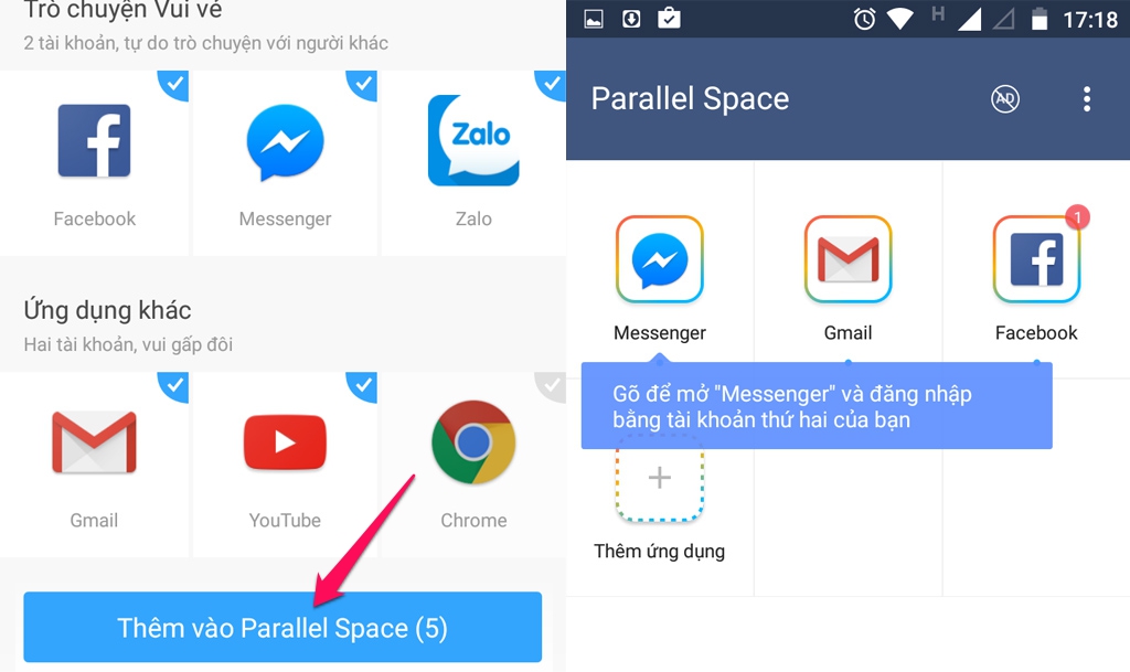 Parallel Space: ứng
dụng miễn phí giúp bạn đăng nhập nhiều tài khoản Facebook,
Zalo... cùng lúc trên máy Android