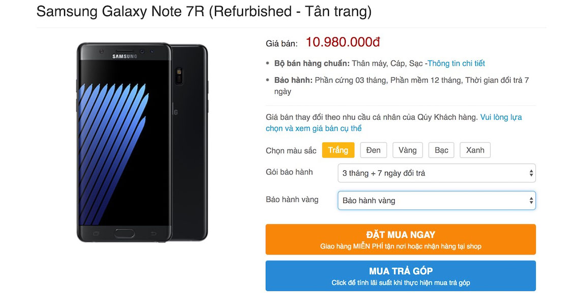 Samsung Galaxy Note7 Refurbished sẽ có mức giá từ 10.980.000đ khi về Việt Nam
