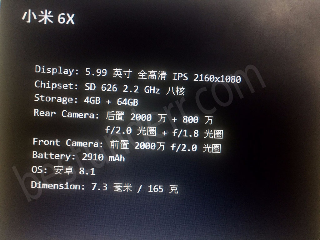 Rò rỉ thông số kỹ
thuật
Xiaomi Mi A2 (Mi 6X): Snapdragon 626, 4GB RAM, camera
20+8MP