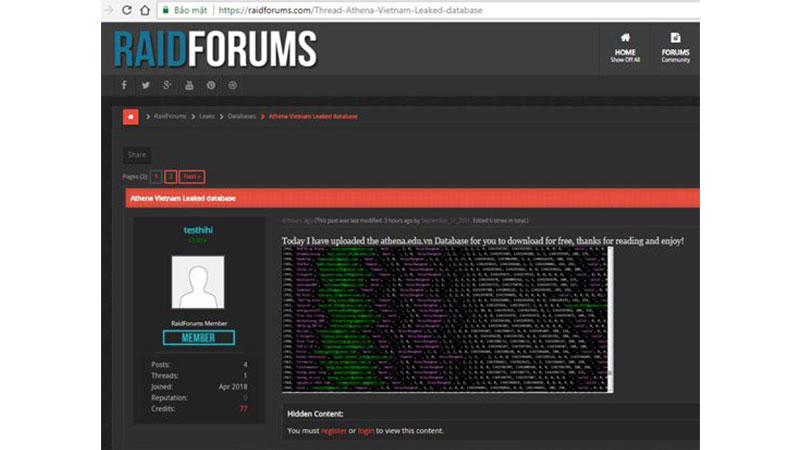 Sau VNG, đến lượt Trung tâm An ninh mạng Athena bị hack và chia sẻ dữ liệu lên diễn đàn Raidforums.com