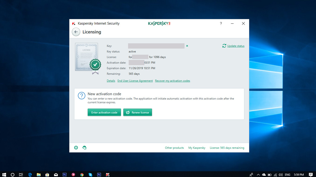 Chia sẻ key bản
quyền phần mềm diệt Virus Kaspersky Internet Security 2018
sử dụng đến tháng 11/2019