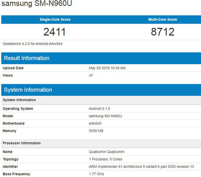 Rò rỉ kết quả
benchmark mới của Samsung Galaxy Note 9: phiên bản Mỹ có thể
có 6GB RAM