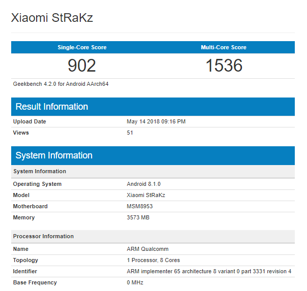Thiết bị Xiaomi với
tên mã StRaKz bất ngờ xuất hiện trên Geekbench, chip
Snapdragon 625, 4GB RAM