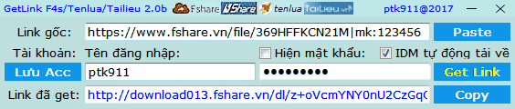 Chia sẻ bản cập
nhật mới của tool getlink Fshare, 4share, Tailieu, Google
Drive tốc độ cao F4sTL v4.9b