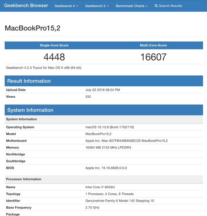 MacBook Pro 13 inch
mới với chip Intel Coffee Lake xuất hiện trên Geekbench