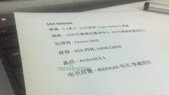 Samsung Galaxy Note
9 lộ thông số chính thức với màn hình 2K 6.3 inch, không có
bản RAM 8GB, pin 4.000 mAh