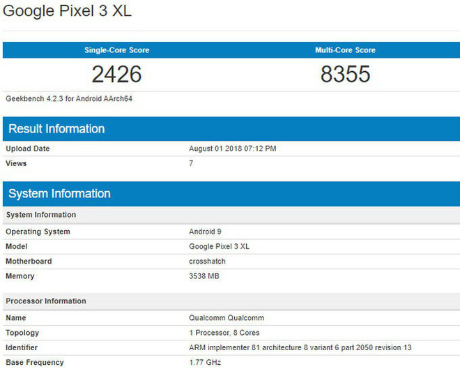Google Pixel 3 XL lộ
điểm benchmark và thông số cấu hình với Snapdragon 845, RAM
4GB, chạy Android P