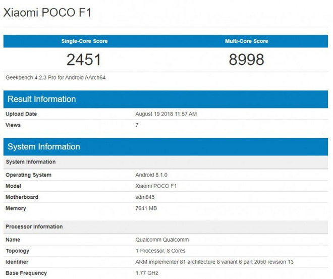 Pocophone F1 của
Xiaomi lộ điểm hiệu năng đáng gờm, với Snapdragon 845 và 8GB
RAM