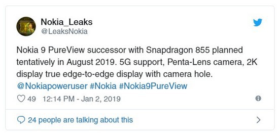 HMD Global sẽ ra mắt
phiên bản Nokia 9 PureView sử dụng chip Snapdragon 855 vào
tháng 8/2019?