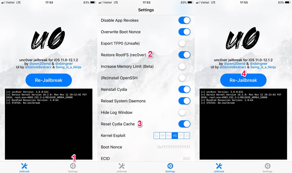 Hướng dẫn khôi phục
hệ thống tập tin gốc và gỡ bỏ trạng thái jailbreak iOS 12
bằng unc0ver