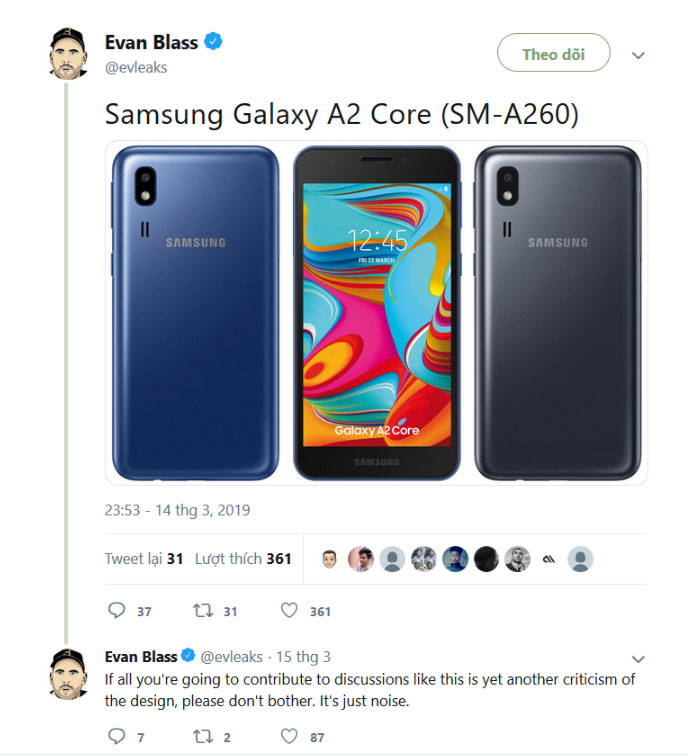 Lộ toàn bộ thông số
cấu hình của Galaxy A2 Core smartphone Android Go kế tiếp
của Samsung
