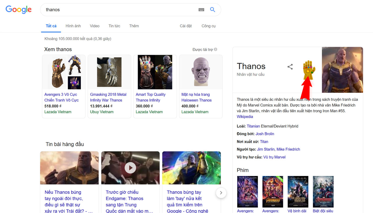 Hiệu ứng Găng tay Vô
cực trên Google search: Chỉ cần gõ Thanos là ra, anh em đã
thử chưa?