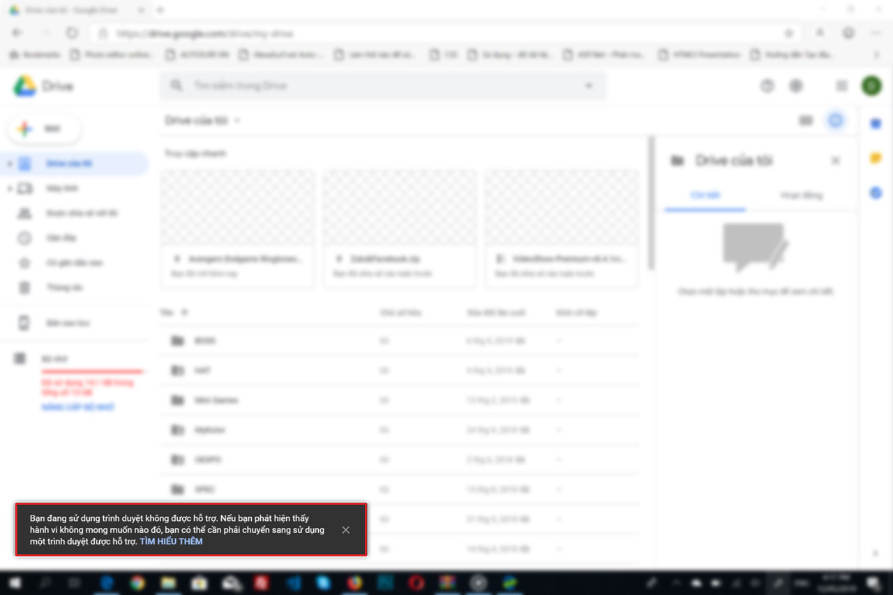 Google Drive xuất
hiện thông báo không hỗ trợ trình duyệt Microsoft Edge
Chromium