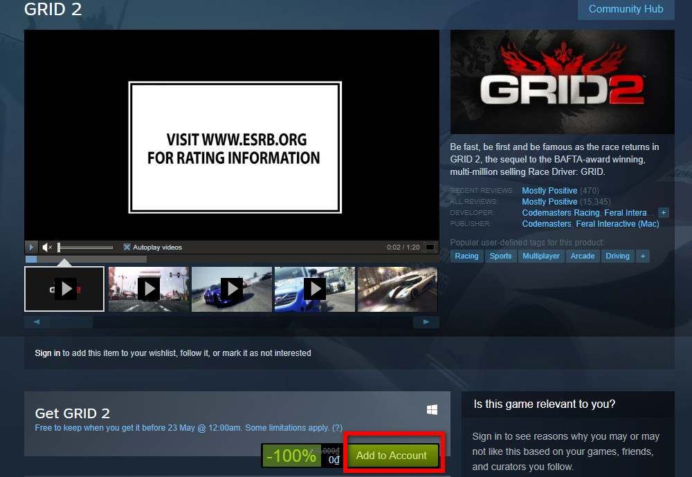 Nhanh tay tải miễn
phí tựa game đua xe đình đám GRID 2 trị giá 29,99$ trên
Steam