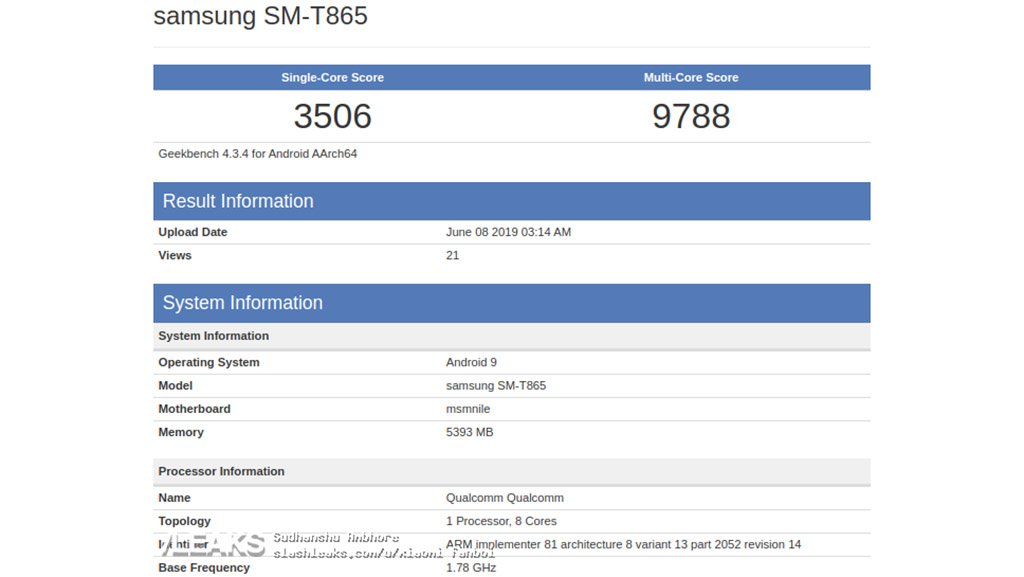 Samsung Galaxy Tab S5 lộ thông tin cấu hình với
Snapdragon 855, 6GB RAM