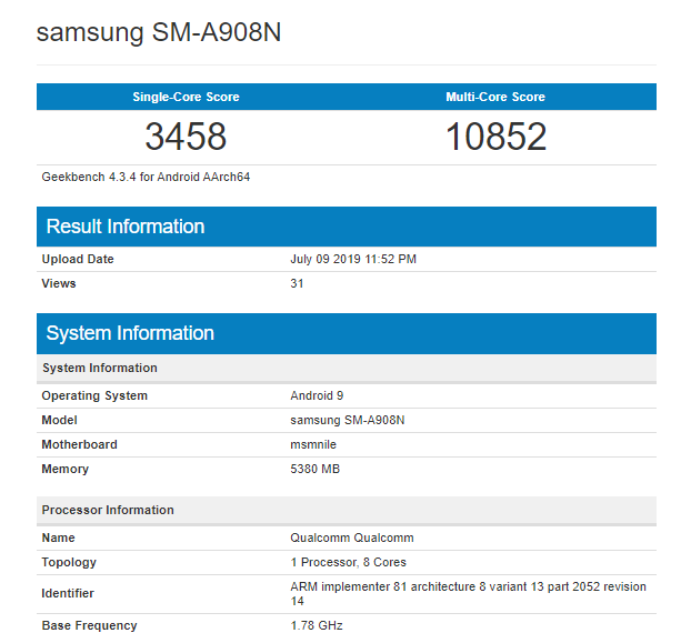 Samsung Galaxy A90
xuất hiện trên Geekbench, xác nhận dùng chip Snapdragon 855