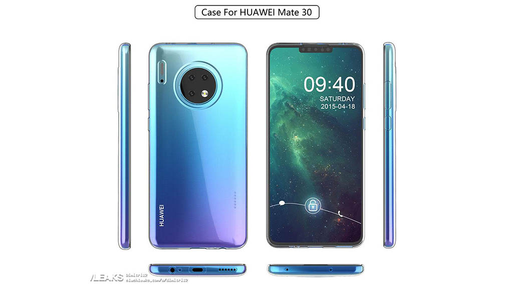 Huawei Mate 30, Mate 30 Pro lộ thiết kế với màn hình tai thỏ, 4 camera chính, cằm mỏng		