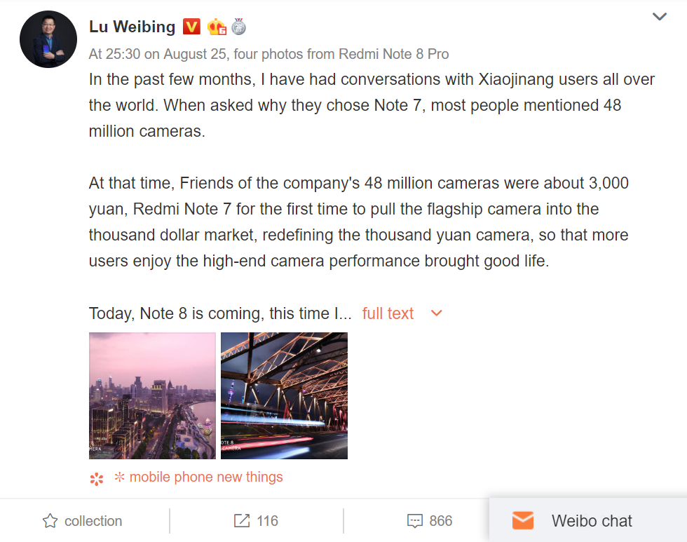Giám đốc Redmi đăng
tải những hình ảnh chụp đêm ấn tượng từ Redmi Note 8 sắp ra
mắt