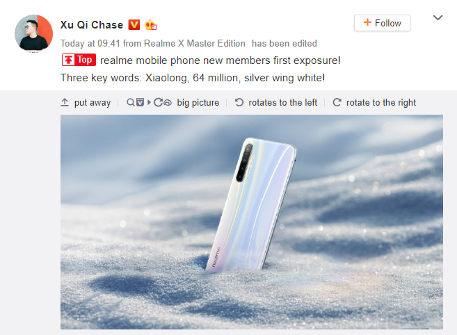 Giám đốc Realme lần
đầu chia sẻ hình ảnh chiếc smartphone có camera 64MP