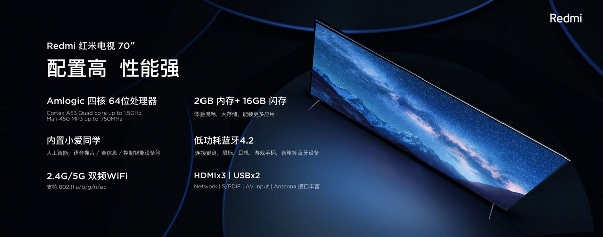 Smart TV đầu tiên của
thương hiệu Redmi chính thức ra mắt với màn hình 4K HDR 70
inch, RAM 2 GB, giá 531 USD