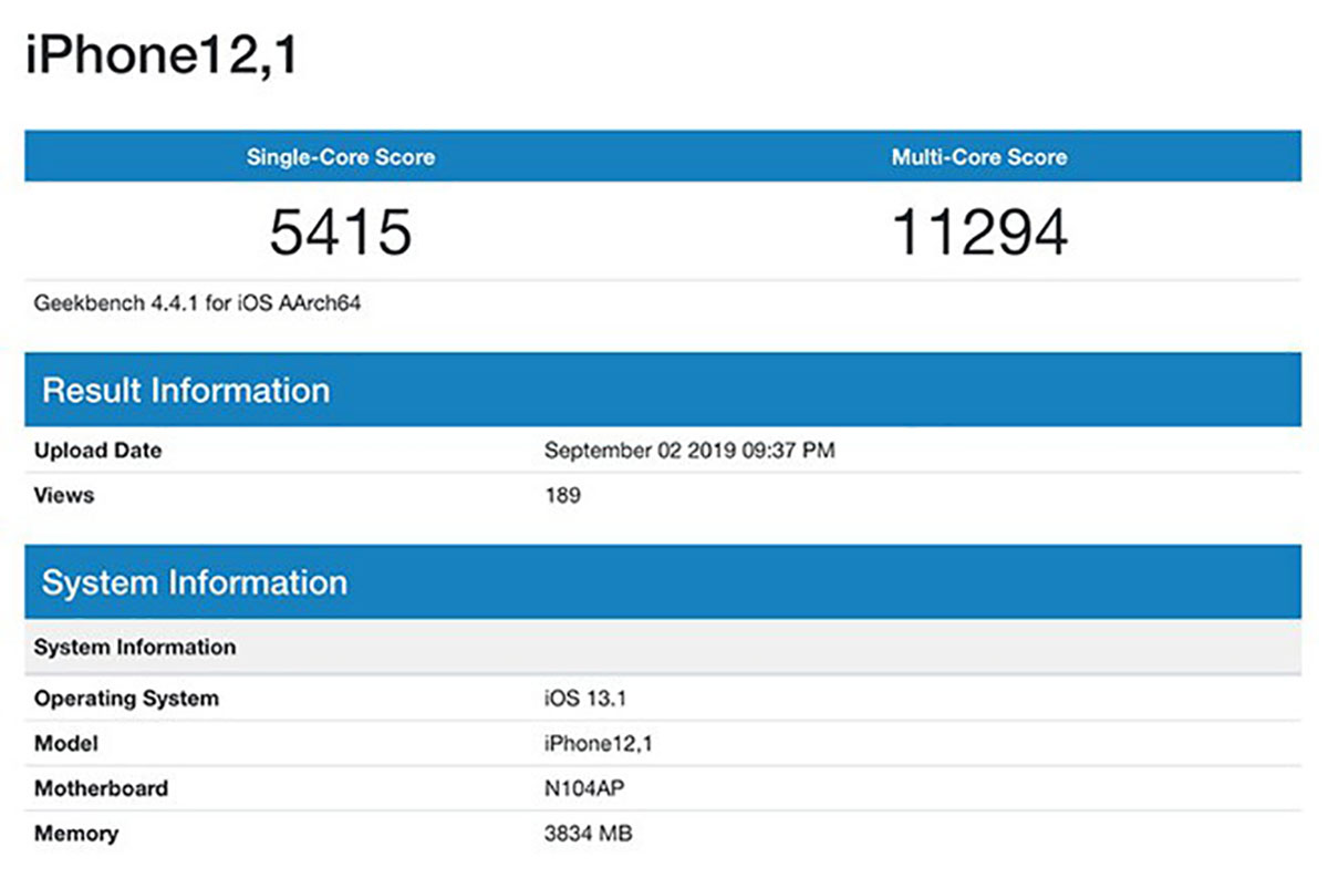 iPhone 11 lộ điểm
benchmark, xác nhận RAM 4GB và chip xử lý 6 nhân 2.66Ghz