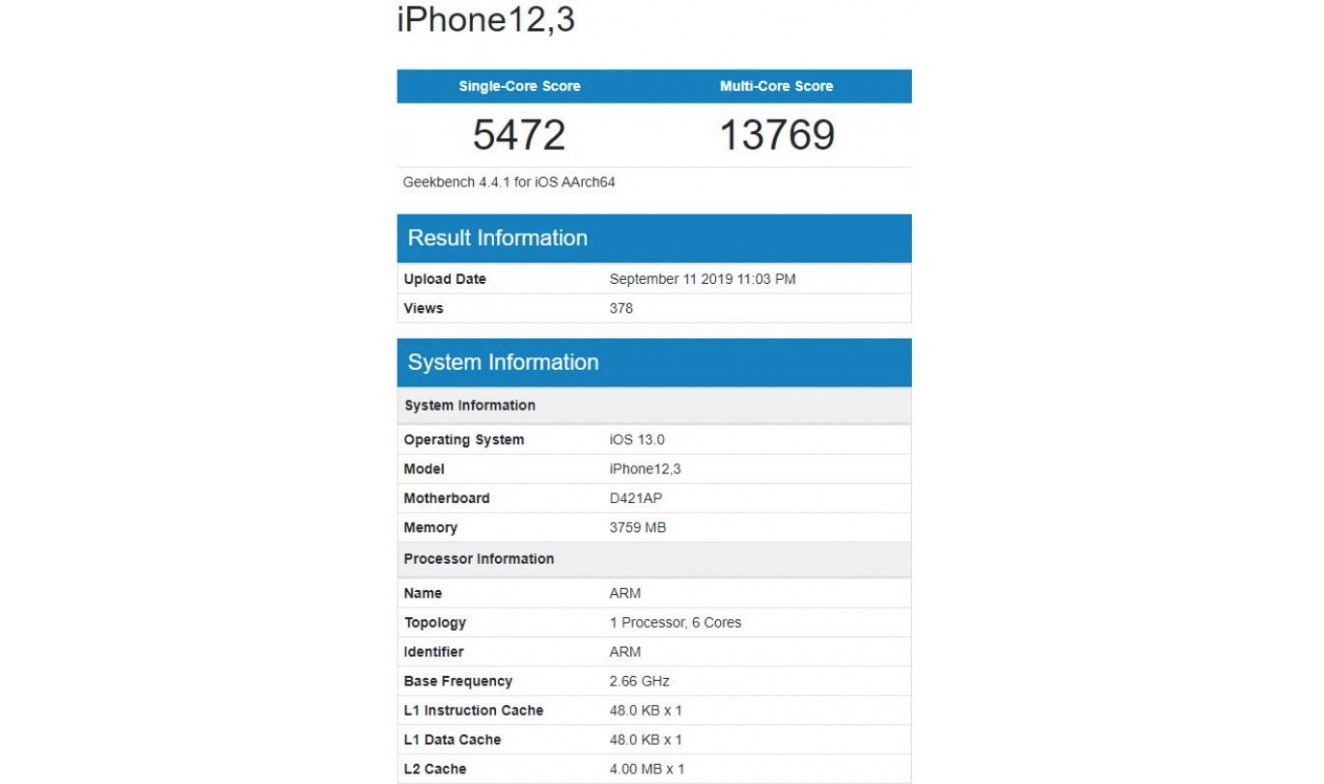 iPhone 11 Pro xuất
hiện trên Geekbench, cho thấy vẫn chỉ có 4GB RAM