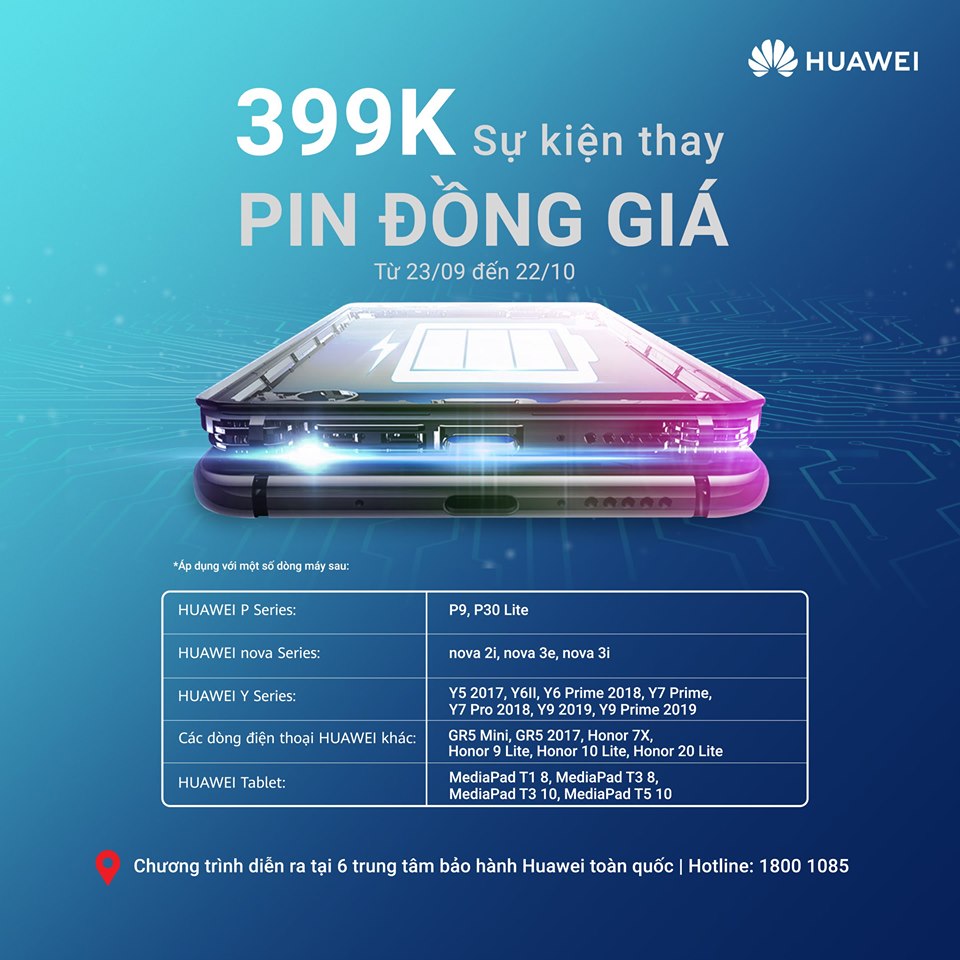 Huawei Việt Nam mở
lại chương trình khuyến thay pin đồng giá chỉ 399K