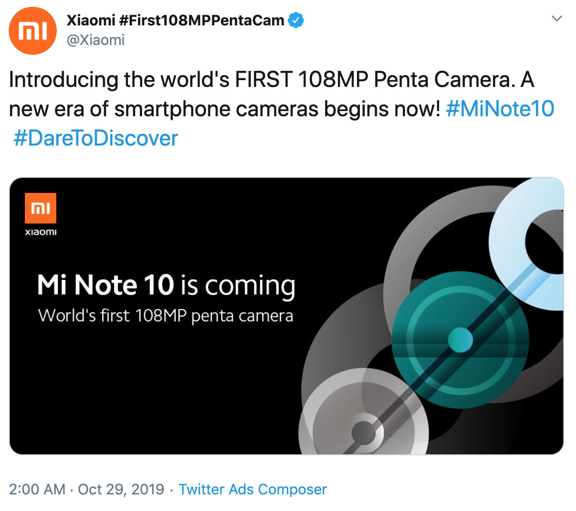 Xiaomi tung teaser
xác nhận sẽ ra mắt Mi Note 10 với cụm 5 camera, sử dụng cảm
biến khủng 108MP