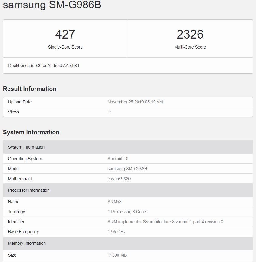 Samsung Galaxy S11 5G
xuất hiện trên Geekbench với vi xử lý Exynos 990 và 12GB
RAM