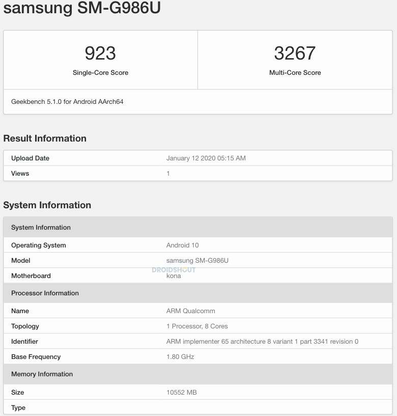 Galaxy S20+ 5G vừa
mới xuất hiện trên Geekbench với Snapdragon 865, RAM 12GB