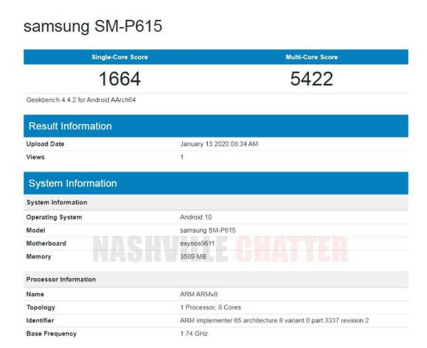 Lộ diện tablet tầm
trung mới của Samsung trên Geekbench với Exynos 9611 và
Android 10