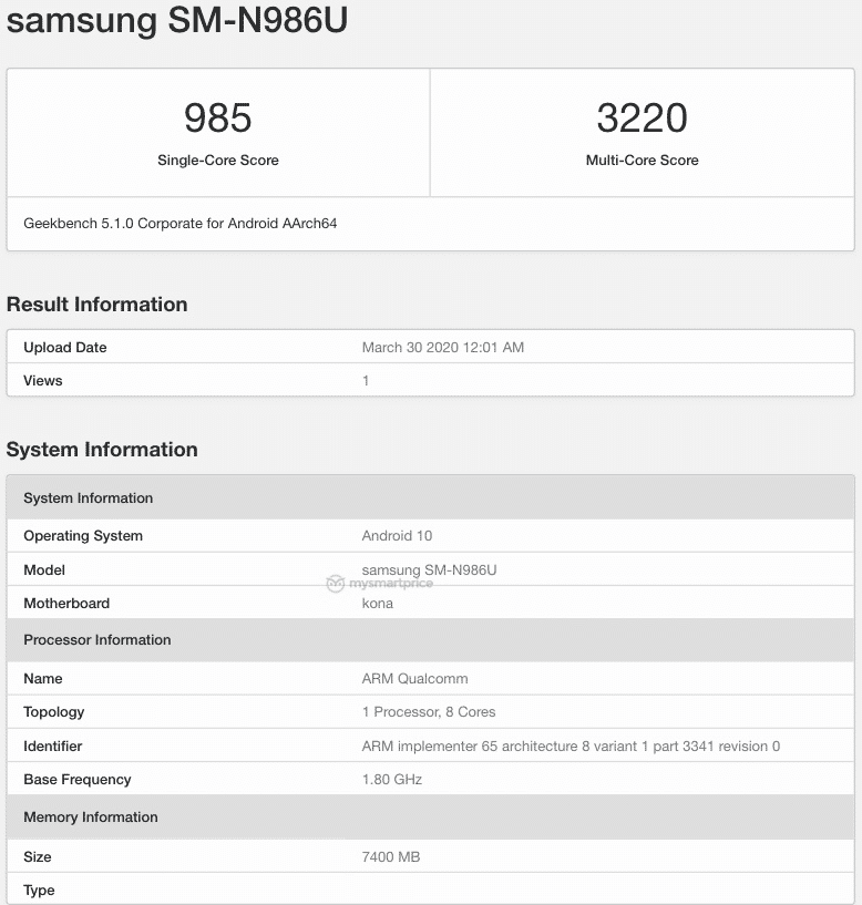 Galaxy Note20+ 5G lộ
thông số kỹ thuật và điểm hiệu năng trên công cụ Geekbench
