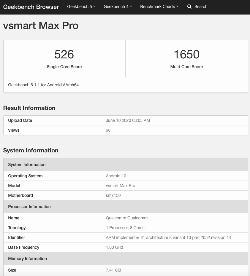 Vsmart Max Pro lộ
diện trên Geekbench với chip Snapdragon 730, RAM 8GB