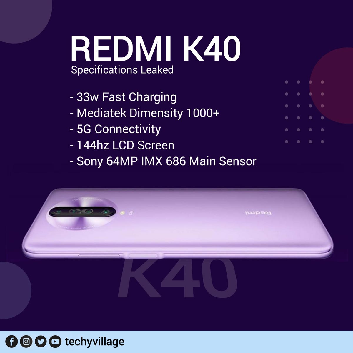 Redmi K40 lộ cấu hình
khủng: Màn hình 144Hz, chip Dimensity 1000+, hỗ trợ 5G, sạc
nhanh 33W