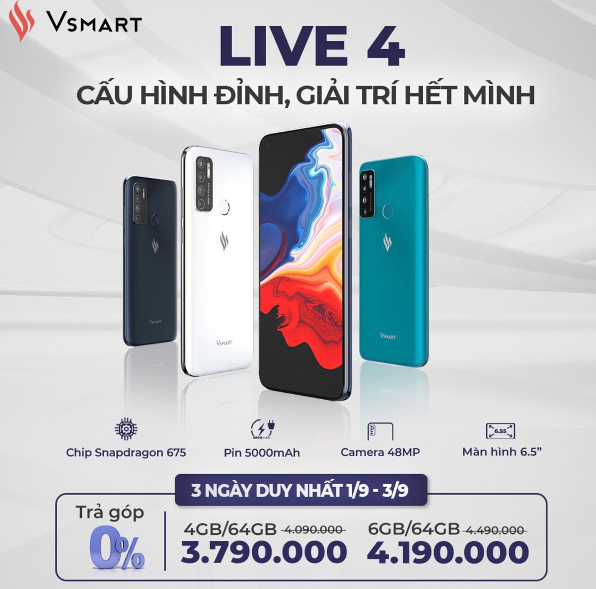 Vsmart Live 4 chính
thức ra mắt với Snapdragon 675, 4 camera, pin 5000mAh, giá
từ 4.1 triệu đồng