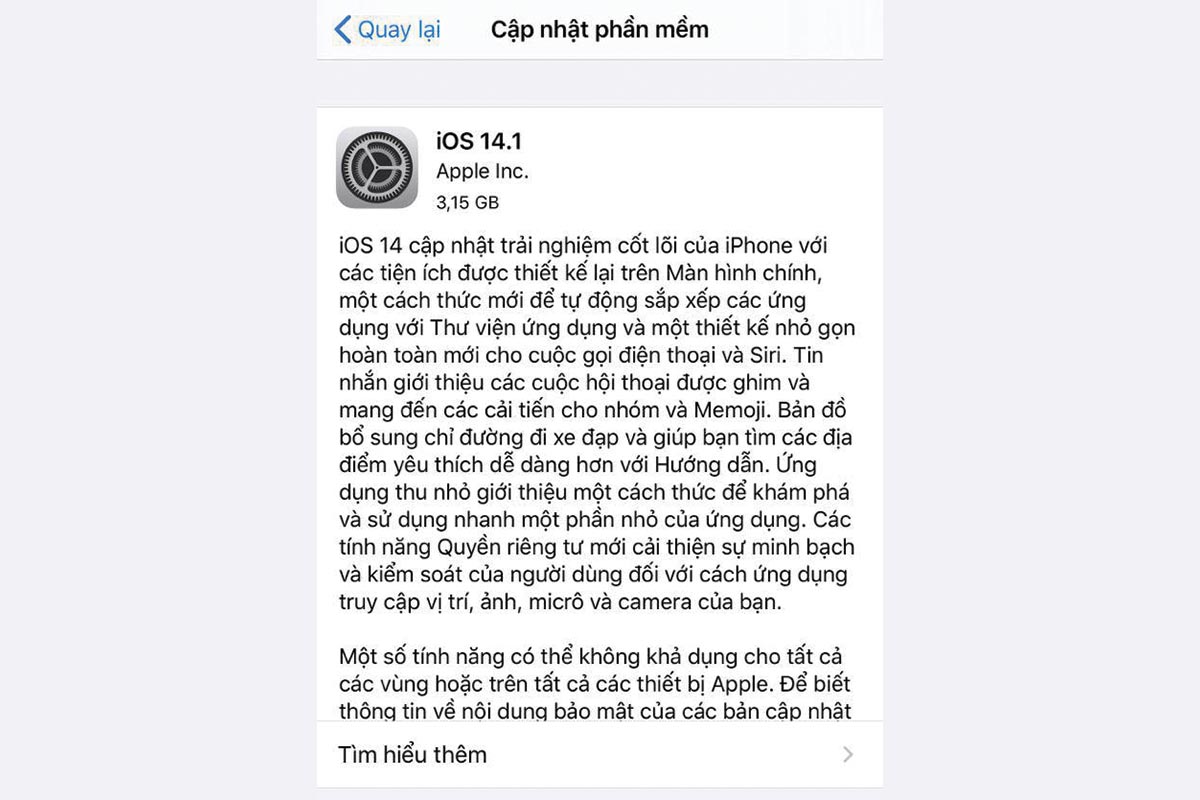 Apple phát hành iOS
14.1 và iPadOS 14.1: Sửa hàng loạt lỗi mới, đã có thể cập
nhật qua OTA
