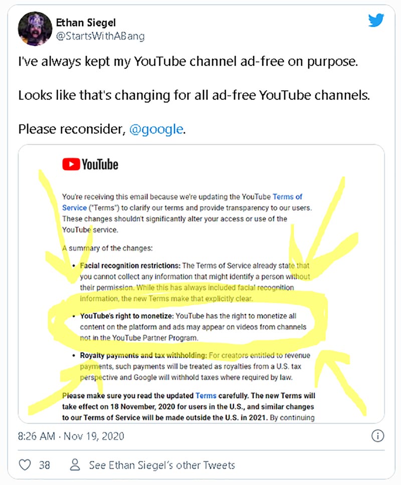 YouTube sẽ hiện quảng
cáo trong tất cả video, ngay cả khi người sản xuất không
muốn và không kiếm được tiền