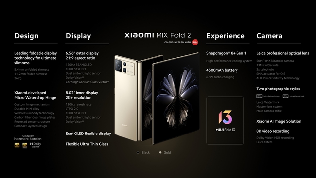 Xiaomi MIX Fold 2 ra
mắt: Thiết kế siêu mỏng, camera Leica, Snapdragon 8+ Gen 1,
giá 31 triệu đồng